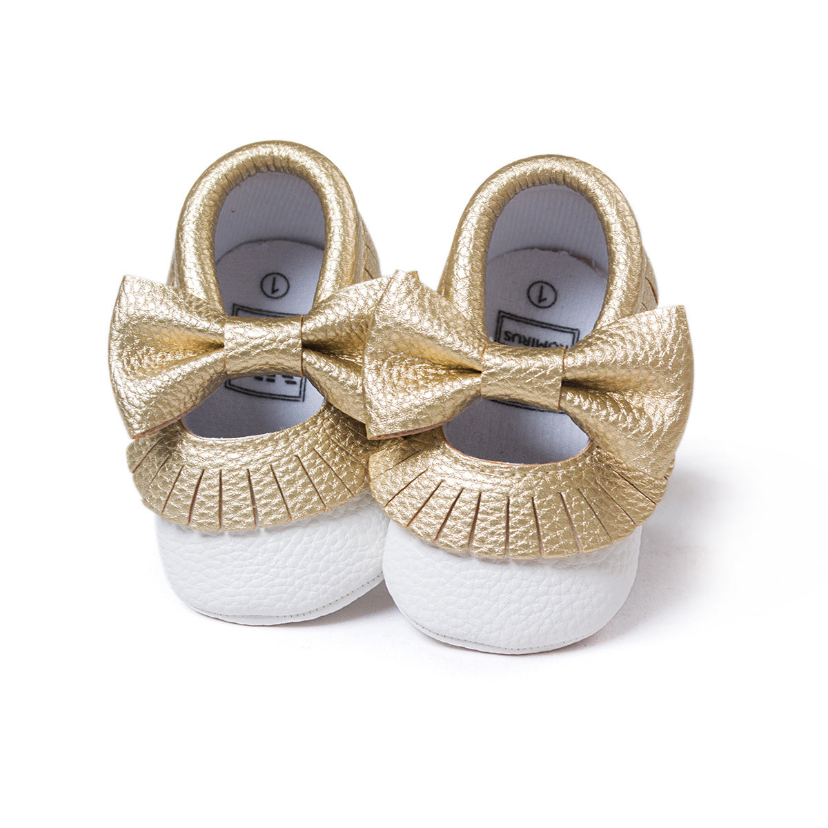 White and gold baby shoes with textured gold bows and pleated detailing. The shoes have a soft white base and are designed for infants, offering a stylish and elegant look.