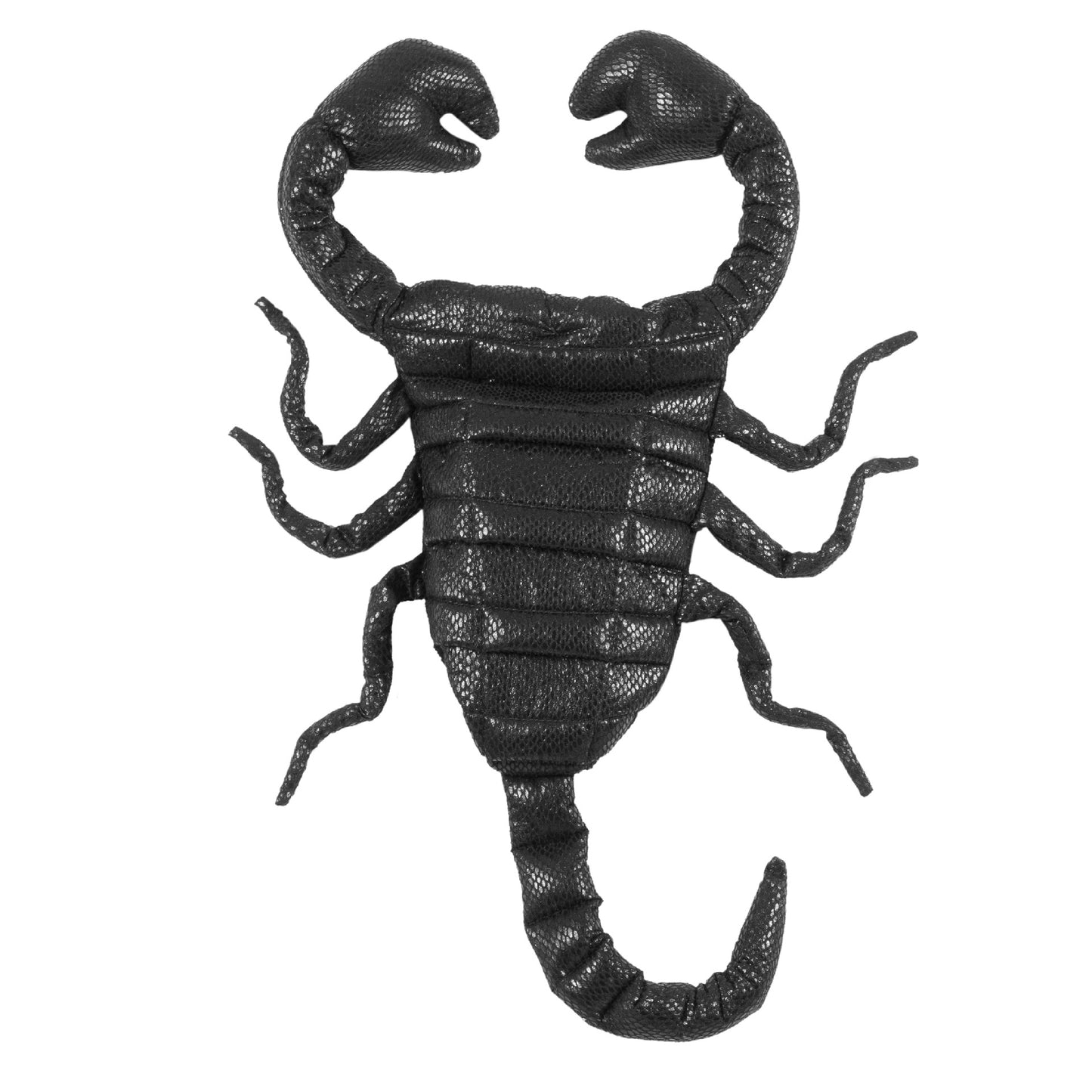 Realistic black scorpion toy with detailed claws and segmented tail, positioned against a white background, showcasing its texture and intricate design.