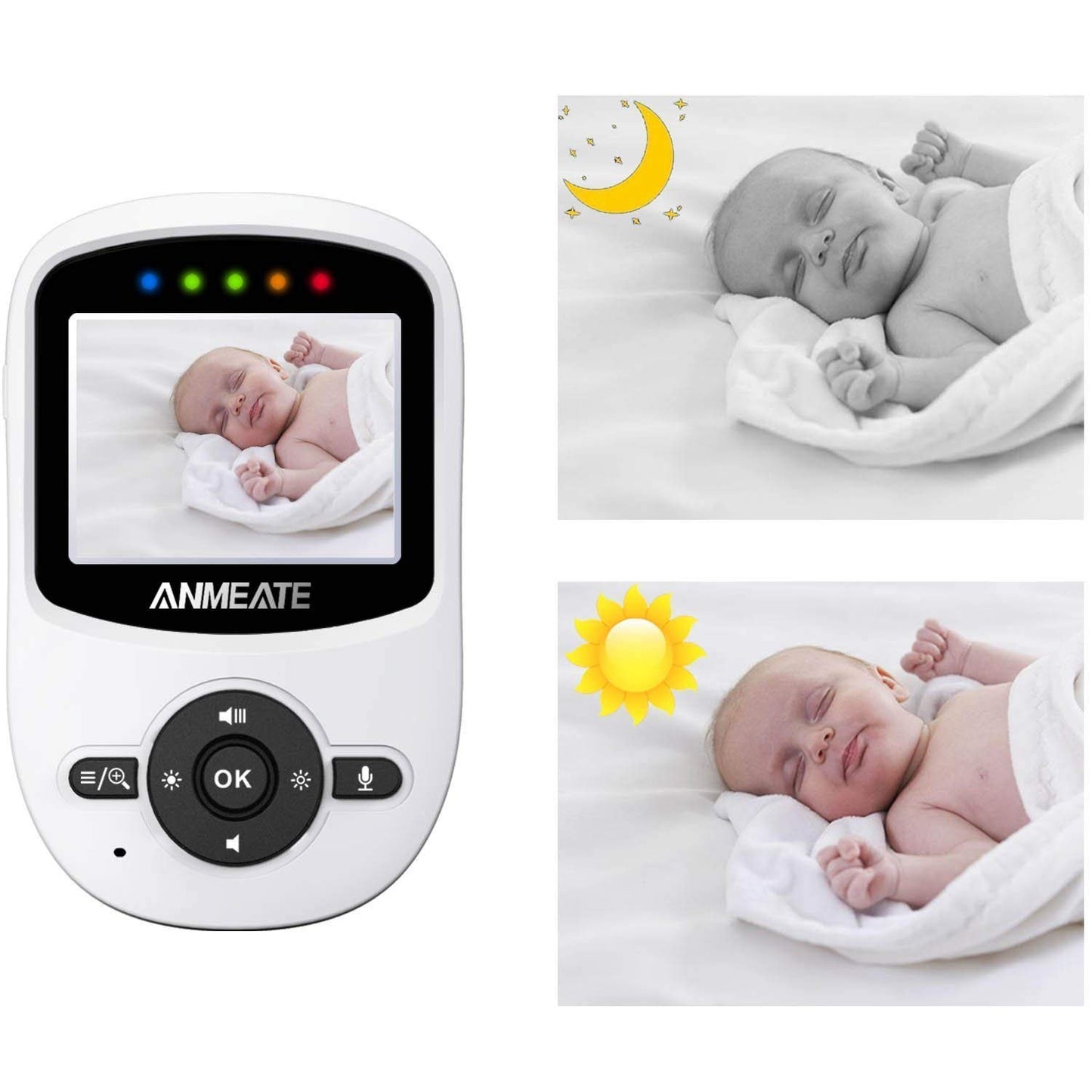 Baby monitor with screen displaying a sleeping baby wrapped in a blanket. Two photos show the baby sleeping at night with a moon icon, and during the day with a sun icon.