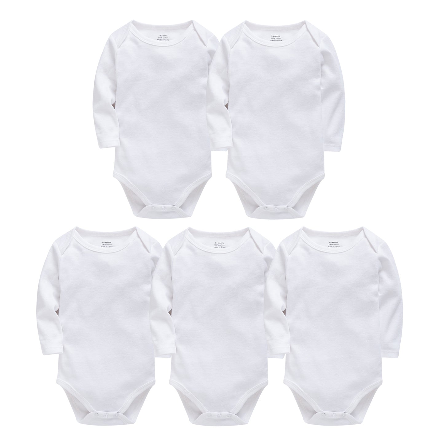 Five plain white long-sleeve baby bodysuits arranged in a staggered formation. Each garment features a simple round neckline and snap closures at the bottom.