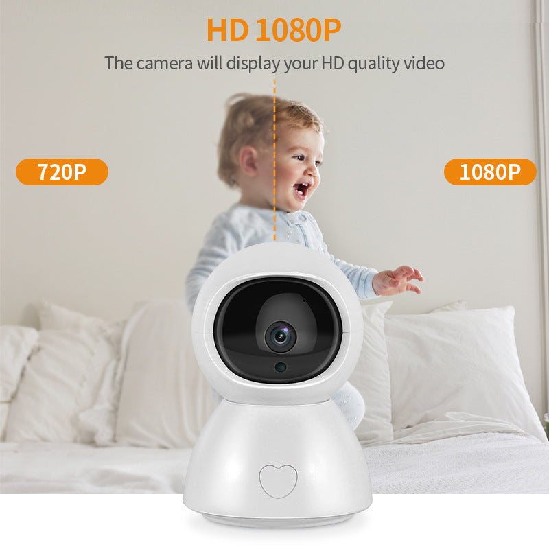 A baby monitor camera on a bed with a smiling baby. Text reads "HD 1080P" and "The camera will display your HD quality video," showing comparison between 720P and 1080P.