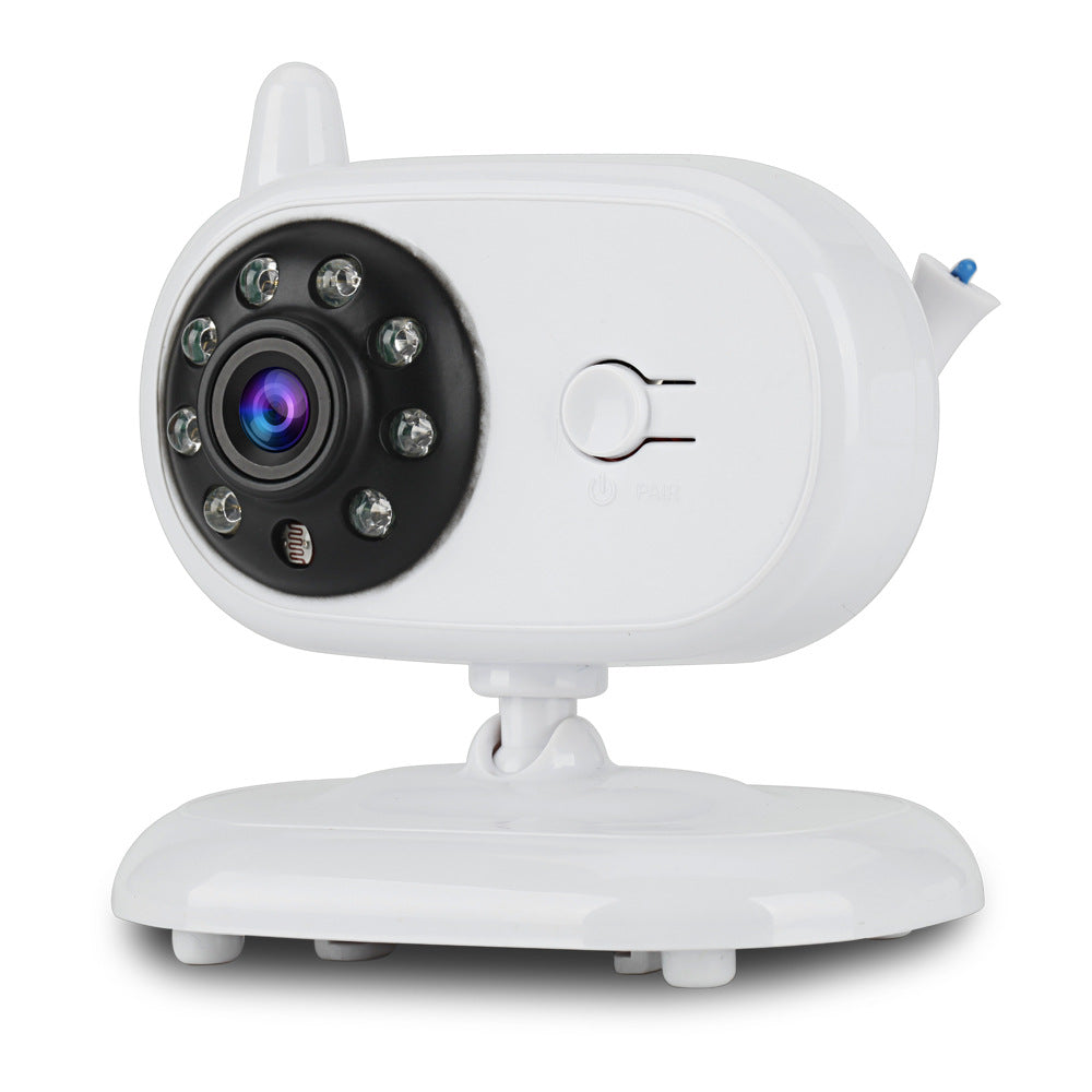 Compact white security camera with a black lens surrounded by LED lights, mounted on an adjustable stand. Features a side button and antenna. Suitable for indoor surveillance.