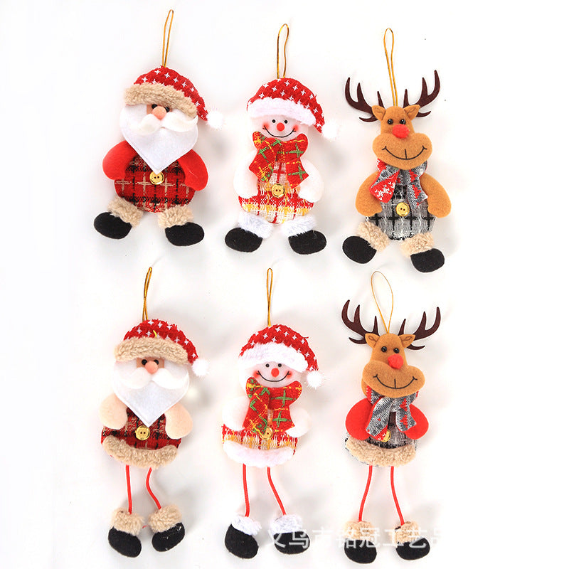 Christmas ornaments set with two Santas, two snowmen, and two reindeer, featuring red outfits and brown antlers. Each has a loop for hanging on a tree.