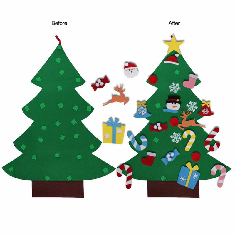 Two felt Christmas trees: the left is plain, labeled "Before;" the right is decorated with ornaments like stars, stockings, candy canes, and gifts, labeled "After."
