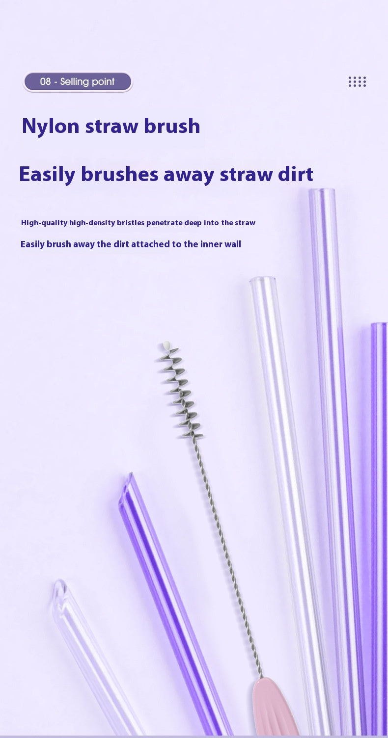 Nylon straw cleaning brush with high-density bristles shown alongside clear and purple straws. Text highlights easy dirt removal from straw inner walls. Light purple background.