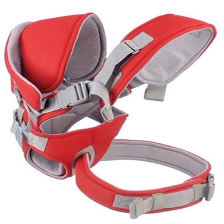 Red and gray baby carrier with adjustable straps and buckles, designed to safely hold an infant. The carrier features padded shoulder straps and a supportive hip belt.