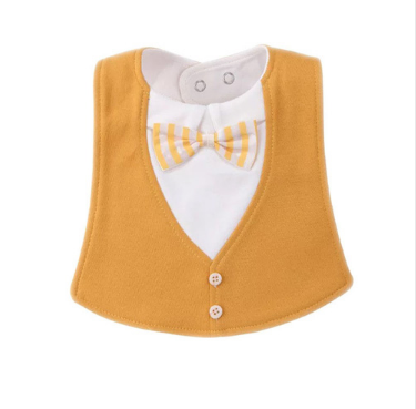 Baby bib designed like a formal tuxedo with a mustard yellow vest, white shirt, and a yellow striped bowtie. Features two small white buttons and snap closures at the top.