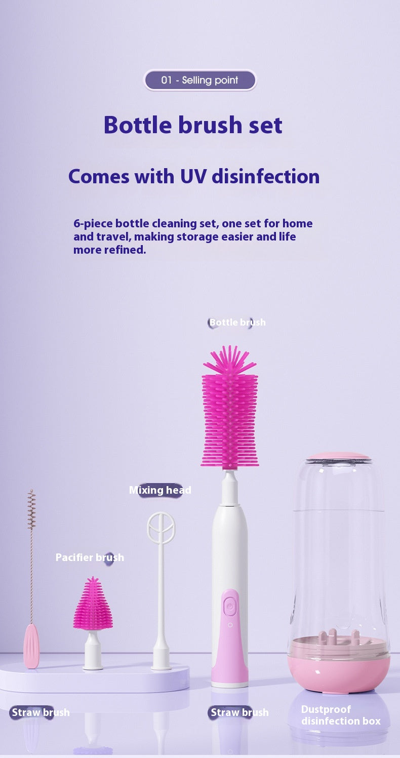 Bottle brush set includes a bottle brush, straw brush, pacifier brush, mixing head, and dustproof UV disinfection box. Ideal for home or travel, offering ease and convenience.