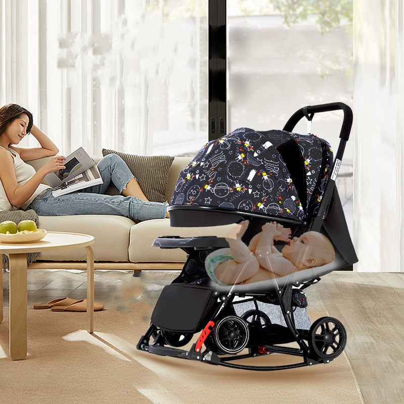 Woman on a couch reads a magazine beside a stroller with a colorful canopy, featuring a superimposed image of a baby. A wooden table with green apples is in the foreground.