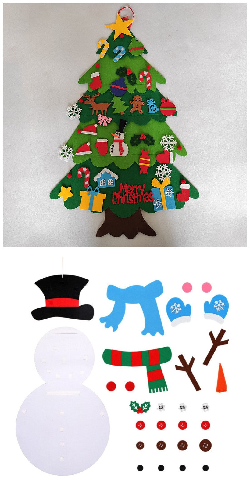 Felt Christmas tree with colorful ornaments including candy canes and presents, alongside a snowman craft kit with a hat, scarf, mittens, and buttons.