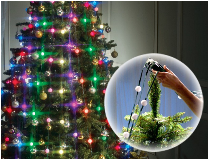 Decorated Christmas tree with colorful lights and ornaments. Inset shows close-up of a hand holding a light string, ready to hang on the tree.