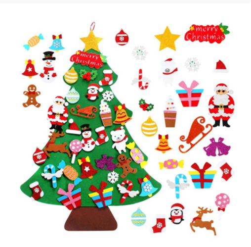 A felt Christmas tree with assorted colorful decorations including Santa, snowman, gifts, candy canes, reindeer, and stars. The text "Merry Christmas" is displayed twice in red.