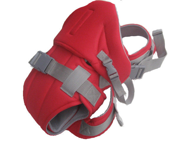 Red dog harness with adjustable gray straps and plastic buckles, designed for secure and comfortable fit. It features a cushioned interior for added comfort and durability.