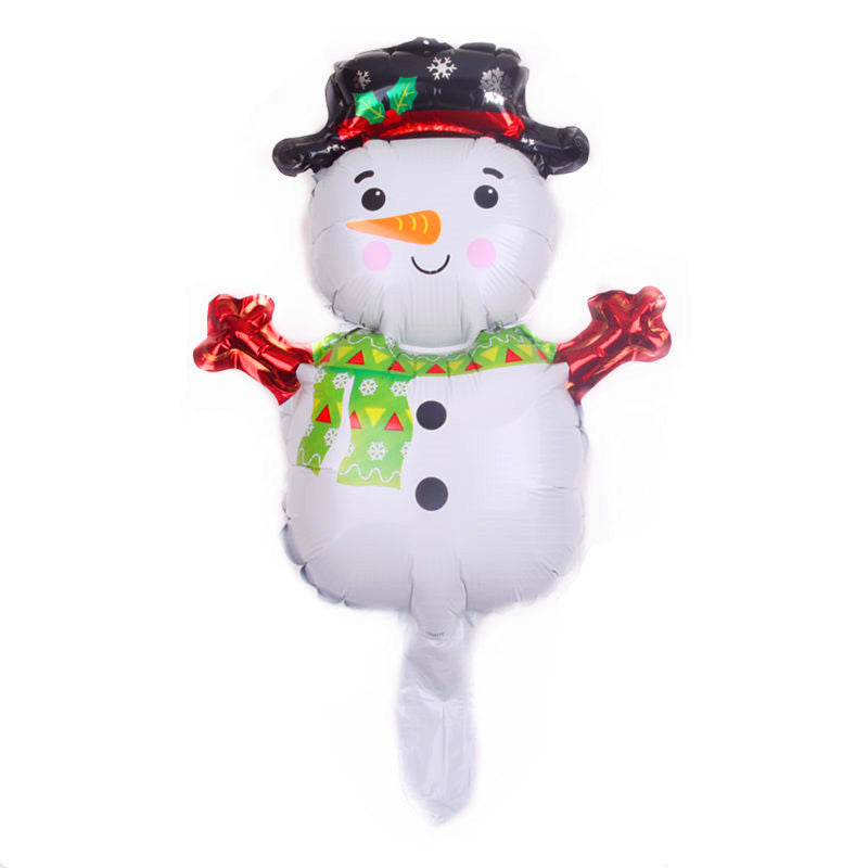 Festive snowman-shaped balloon with a black hat, carrot nose, rosy cheeks, green scarf, and red mittens. It features black button eyes and two black buttons on the body.