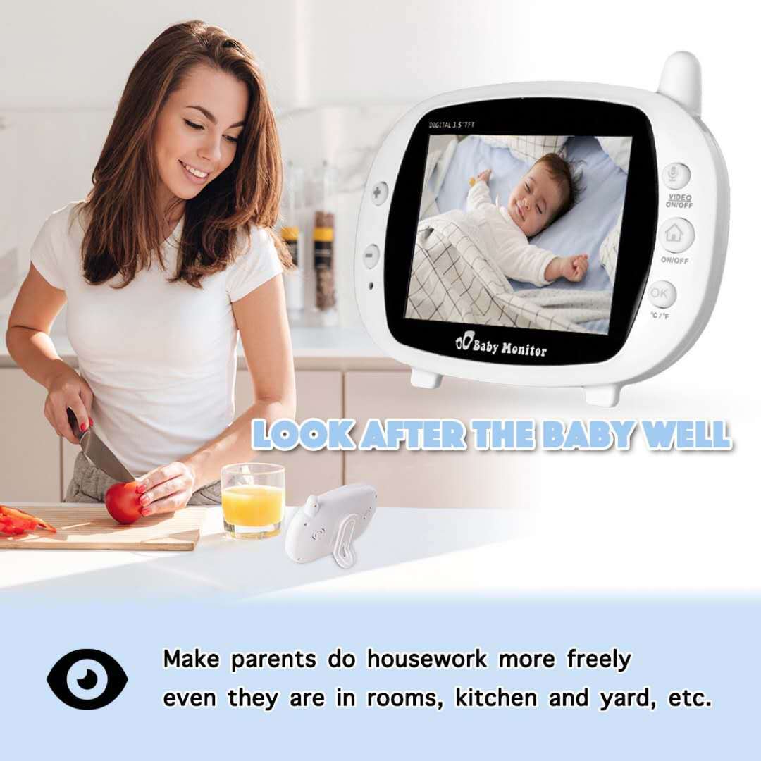 Mom cuts vegetables in kitchen while a baby monitor shows her sleeping baby. Text reads "LOOK AFTER THE BABY WELL" and mentions doing housework freely with the monitor.