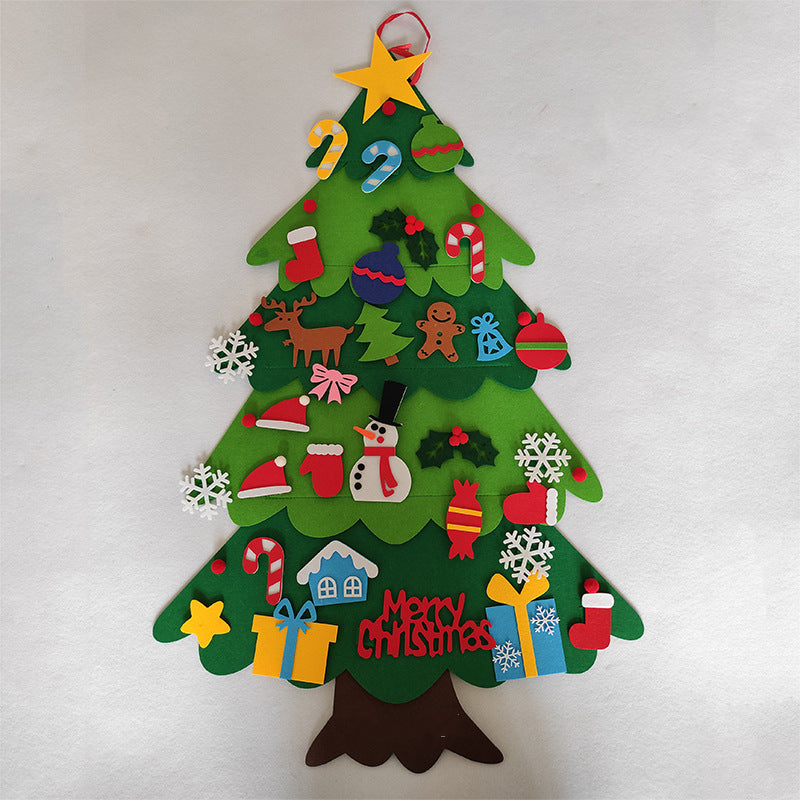 Felt Christmas tree decorated with colorful ornaments, including candy canes, snowflakes, a snowman, a reindeer, and gifts, topped with a yellow star.