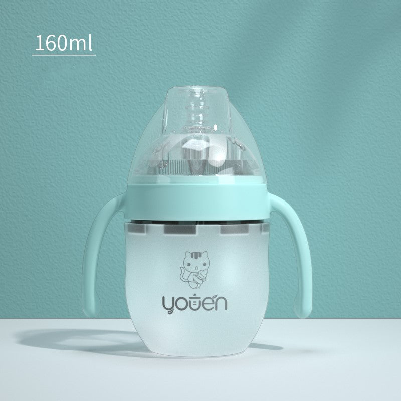 A 160ml baby bottle with teal handles and cap, featuring a cute cartoon cat design and the brand "youèn" on a textured turquoise background.
