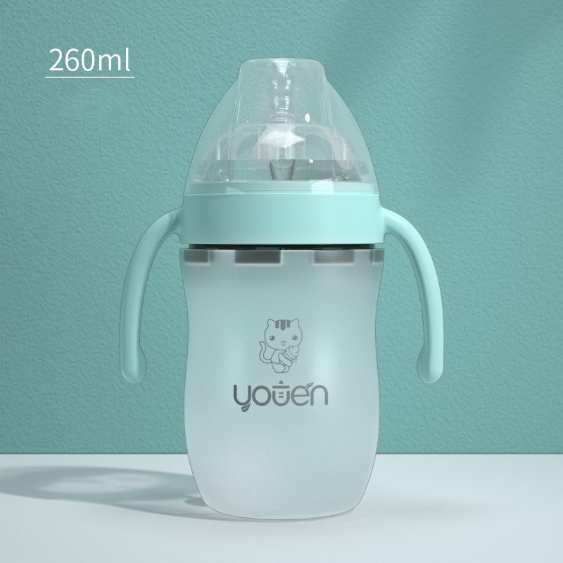 Baby bottle with a 260ml capacity, featuring a light blue cap and handle. The frosted bottle has a cartoon kitten and the text "youen," set against a matching light blue background.