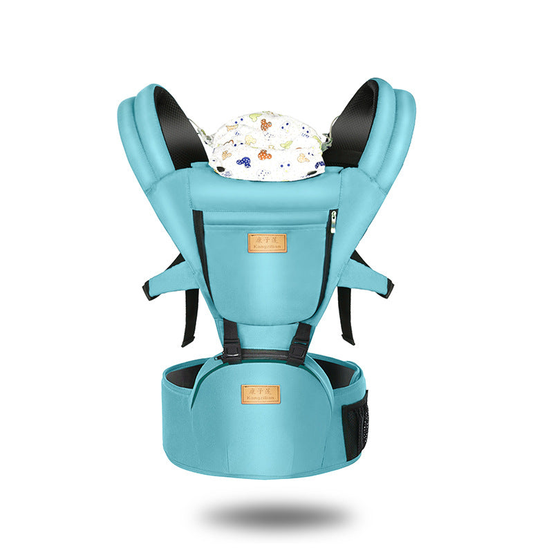 Turquoise baby carrier with padded shoulder straps, a floral-patterned infant headrest, and waist support. Features storage pockets and secure, adjustable buckles.