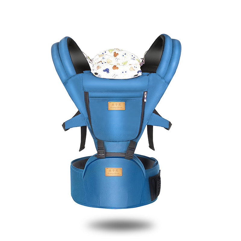 Blue baby carrier with padded shoulder straps and a seat, featuring a floral-patterned headrest. Two pockets, a zipper on the front, and support belt are visible.