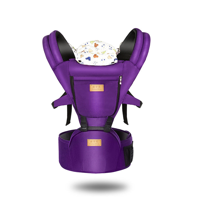 Purple baby carrier with black padded shoulder straps and a floral-patterned cloth on top. Features a zippered pocket and adjustable straps for comfort and support.
