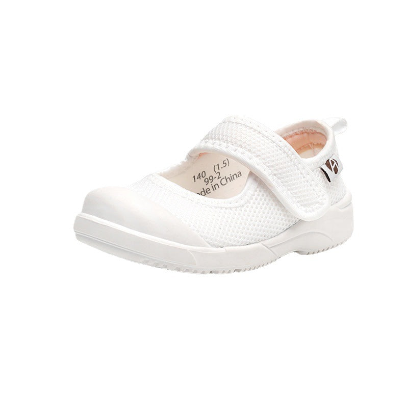 White children's shoe with a mesh upper and Velcro strap, designed for comfort and flexibility, "Made in China" labeled inside, shown against a plain white background.
