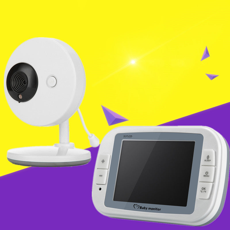 A white baby monitor set with a camera and a 3.5-inch LCD screen. They are set against a vibrant yellow and purple background with geometric shapes.