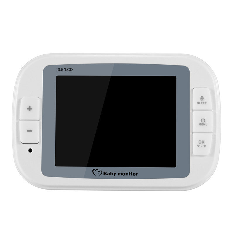 A white baby monitor with a 3.5-inch LCD screen. It features buttons for volume, sleep, menu, and temperature settings. The monitor has a simple, compact design.