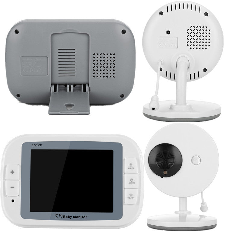 A four-image collage shows a baby monitor system. Includes a front and back view of the monitor with buttons and a 3.5" LCD screen, and a camera unit with a stand.