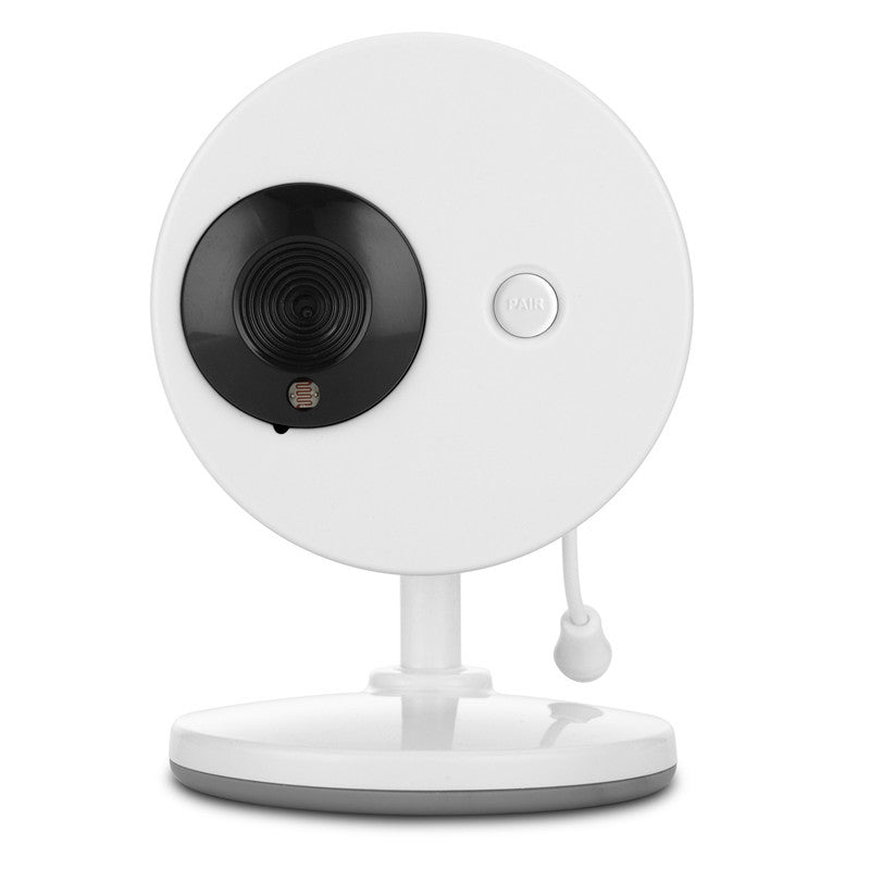 White circular smart camera with a black lens and "PAIR" button, mounted on a stand, against a plain background.