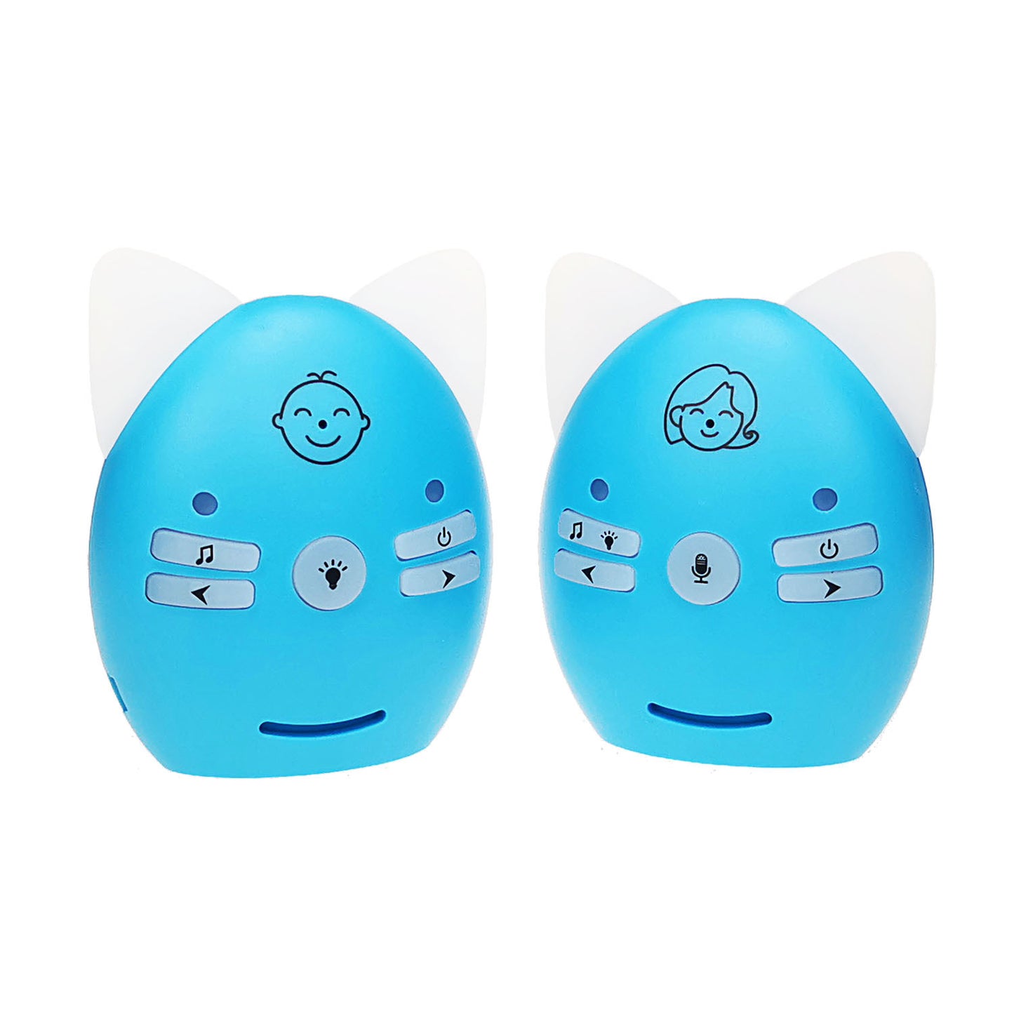 Two blue, egg-shaped baby monitors with cat ears, featuring smiley face icons. Each has buttons for music, light, and power, designed for a child-friendly interface.