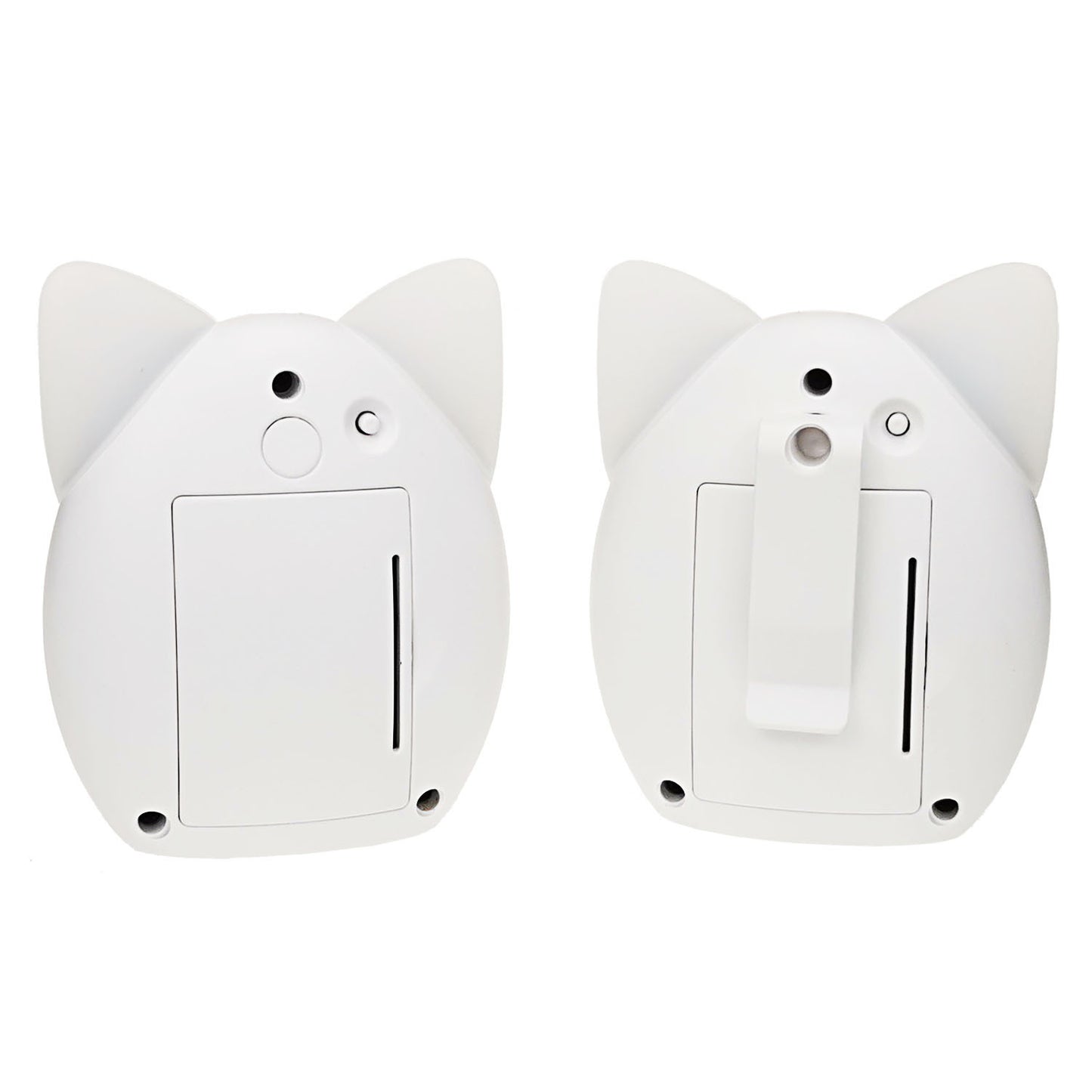 Two white cat-shaped devices with ears are shown from the back view. Both feature a rectangular panel and circular buttons, with the right one having a clip in the center.