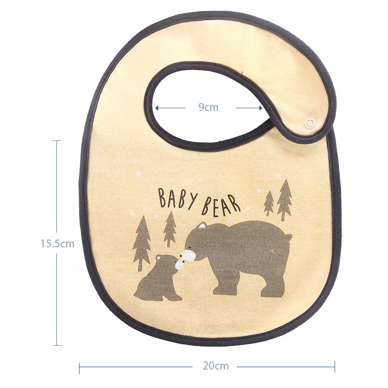 Yellow baby bib with "Baby Bear" text, featuring a bear and cub design. Measured at 20cm wide by 15.5cm high, with a 9cm neck opening secured by a button.