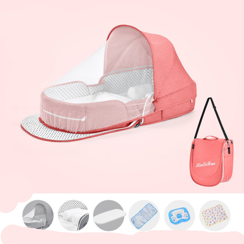 A pink portable baby bassinet with a canopy and netting, featuring polka dot lining. It folds into a matching backpack. Beneath are icons showing its features and accessories.