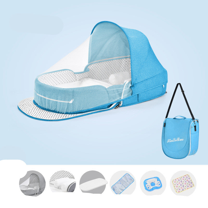 Light blue portable baby bassinet with a mesh canopy, detachable side panel, and additional carry bag. Features included in smaller icons below.