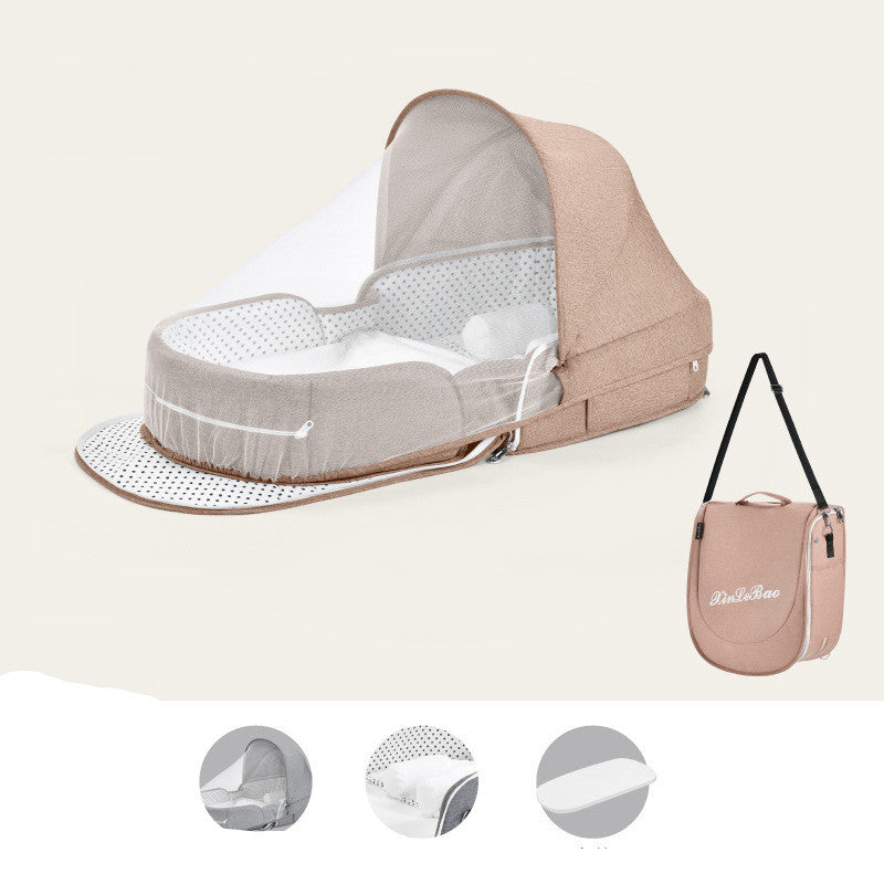 Portable beige baby crib with a canopy and mesh cover, featuring polka dot lining. Comes with a matching travel bag and highlights on assembly and fabric details.