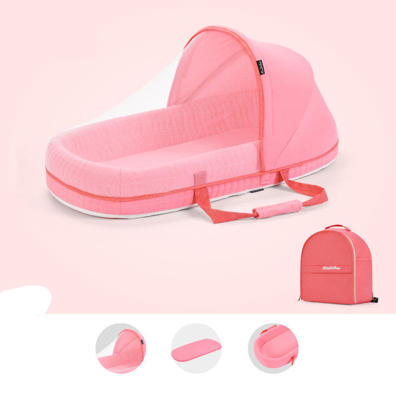 Pink portable baby bassinet with a canopy, carrying straps, and a padded interior. Includes a matching pink backpack for easy transport. Insets show details of fabric and handles.