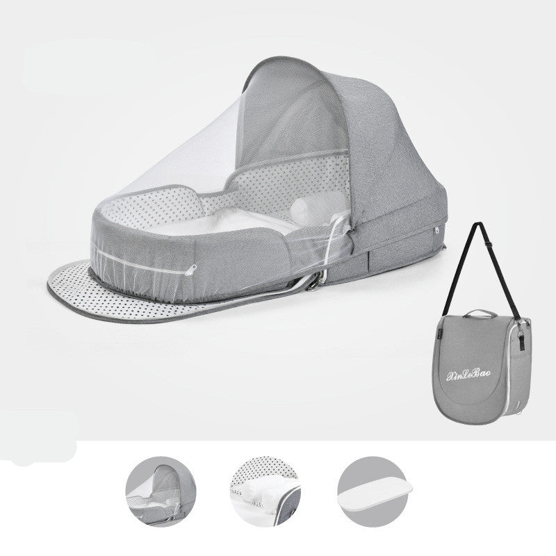 Gray portable baby bassinet with a canopy and polka dot design, featuring a detachable shoulder strap bag for easy transportation. Three close-up feature images displayed below.