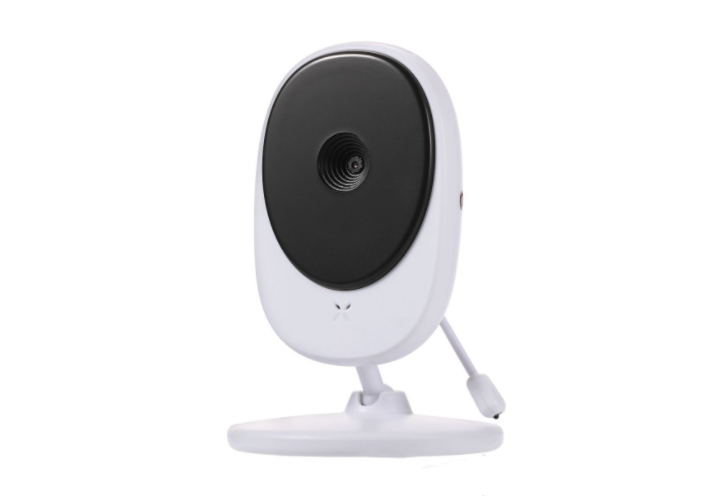 A white indoor security camera with a wide oval design and a central lens on a black faceplate, mounted on a round base with an adjustable support arm.