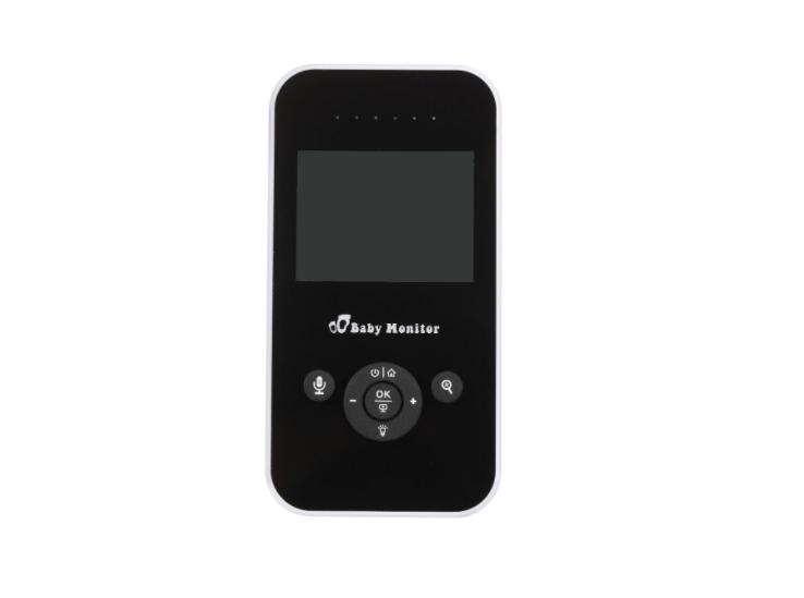 A handheld baby monitor with a black screen and various control buttons, including microphone and zoom icons. The text "Baby Monitor" is displayed beneath the screen.