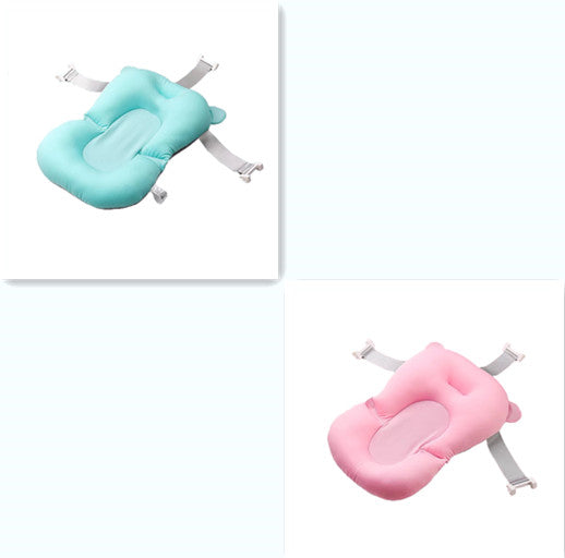 Two baby bath cushions, one in light blue and the other in pink, each with supportive straps. The design features a contoured padded area for comfort and safety during bath time.