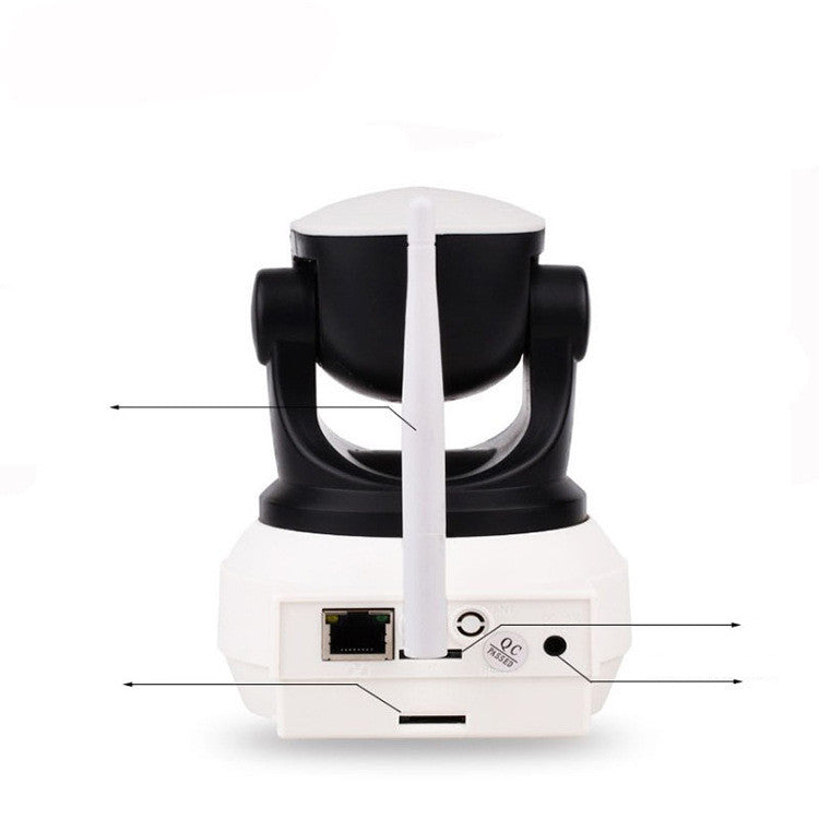 A black and white security camera with a visible antenna. The back shows an Ethernet port, a microSD card slot, power input, and a button, detailed with labels.