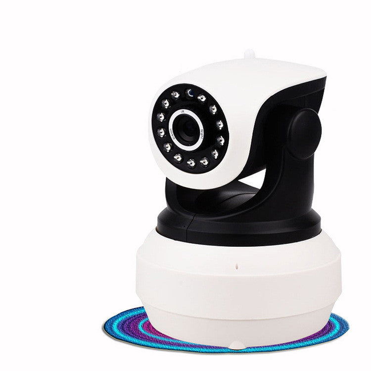 White and black security camera with infrared LEDs, mounted on a circular base, positioned over a colorful woven mat.