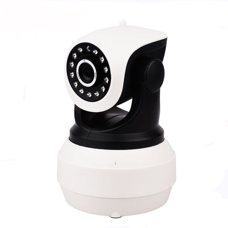 A white and black wireless security camera with a rotating base and infrared LED lights around the lens, designed for indoor surveillance.