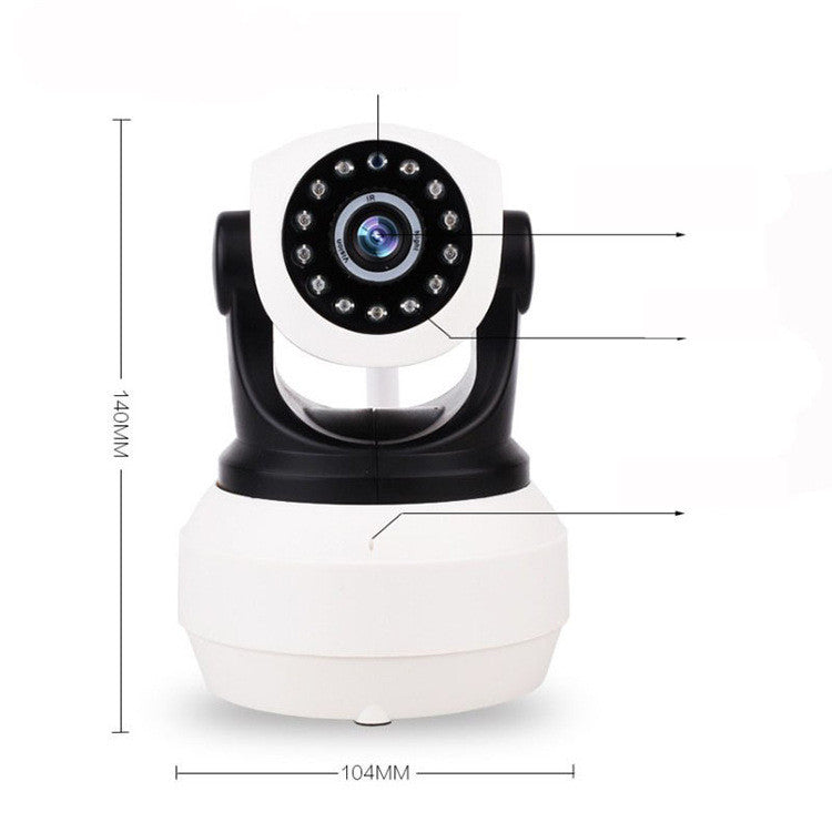 White and black security camera with a spherical lens, surrounded by infrared lights for night vision. Dimensions labeled: 140mm height, 104mm base width, and various arrows.