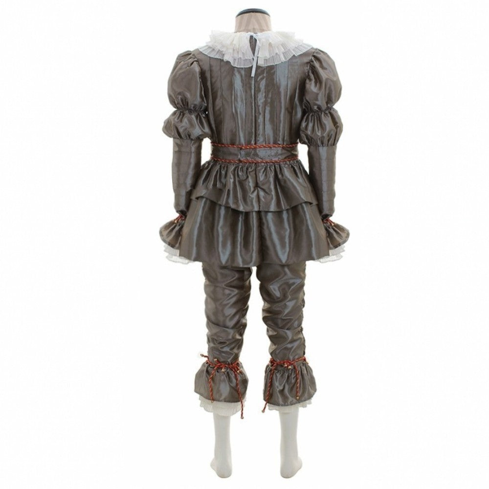 Rear view of a grey clown costume with puffed sleeves, white ruffled collar, layered skirt, and cinched ankles. It's displayed on a stand against a white background.
