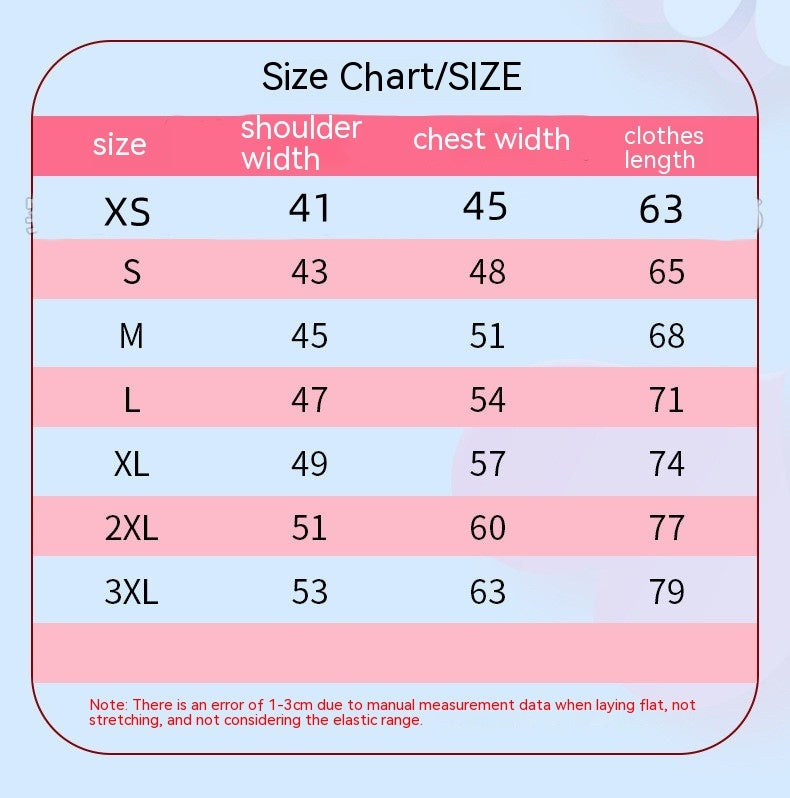 Size chart with measurements in centimeters for XS to 3XL: shoulder width (41-53), chest width (45-63), clothes length (63-79). Note: 1-3cm error possible.