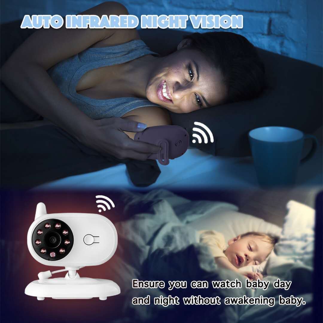A woman smiles at a baby monitor screen in the dark, featuring auto infrared night vision. Below, a baby sleeps peacefully next to a lit monitor camera.
