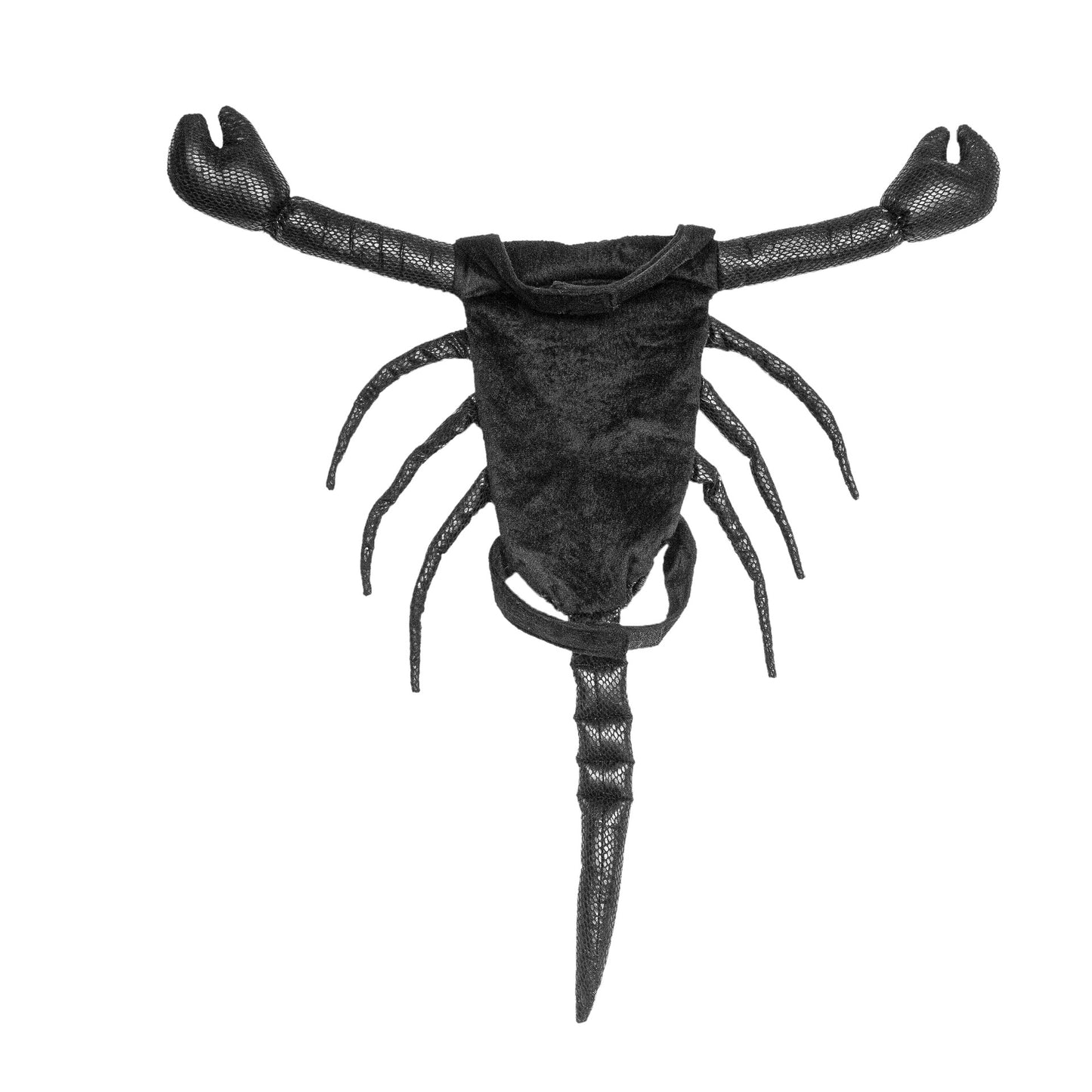 Black scorpion costume for pets, featuring soft fabric and flexible detailing for pincers, legs, and tail on a white background.