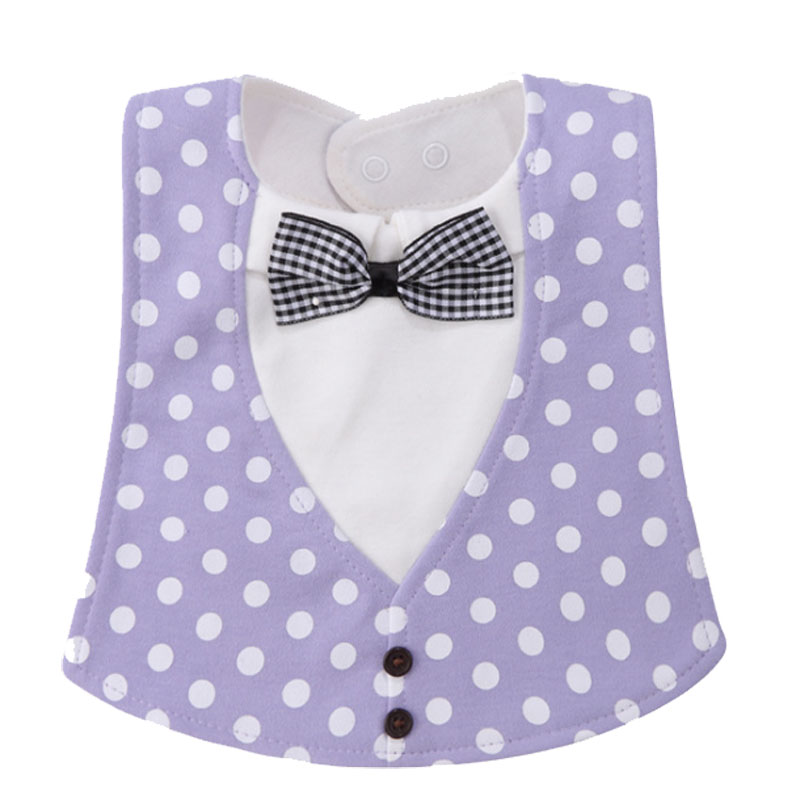 Purple polka dot baby bib styled like a vest, featuring a white shirt design with a black and white checkered bow tie and three small buttons at the bottom.